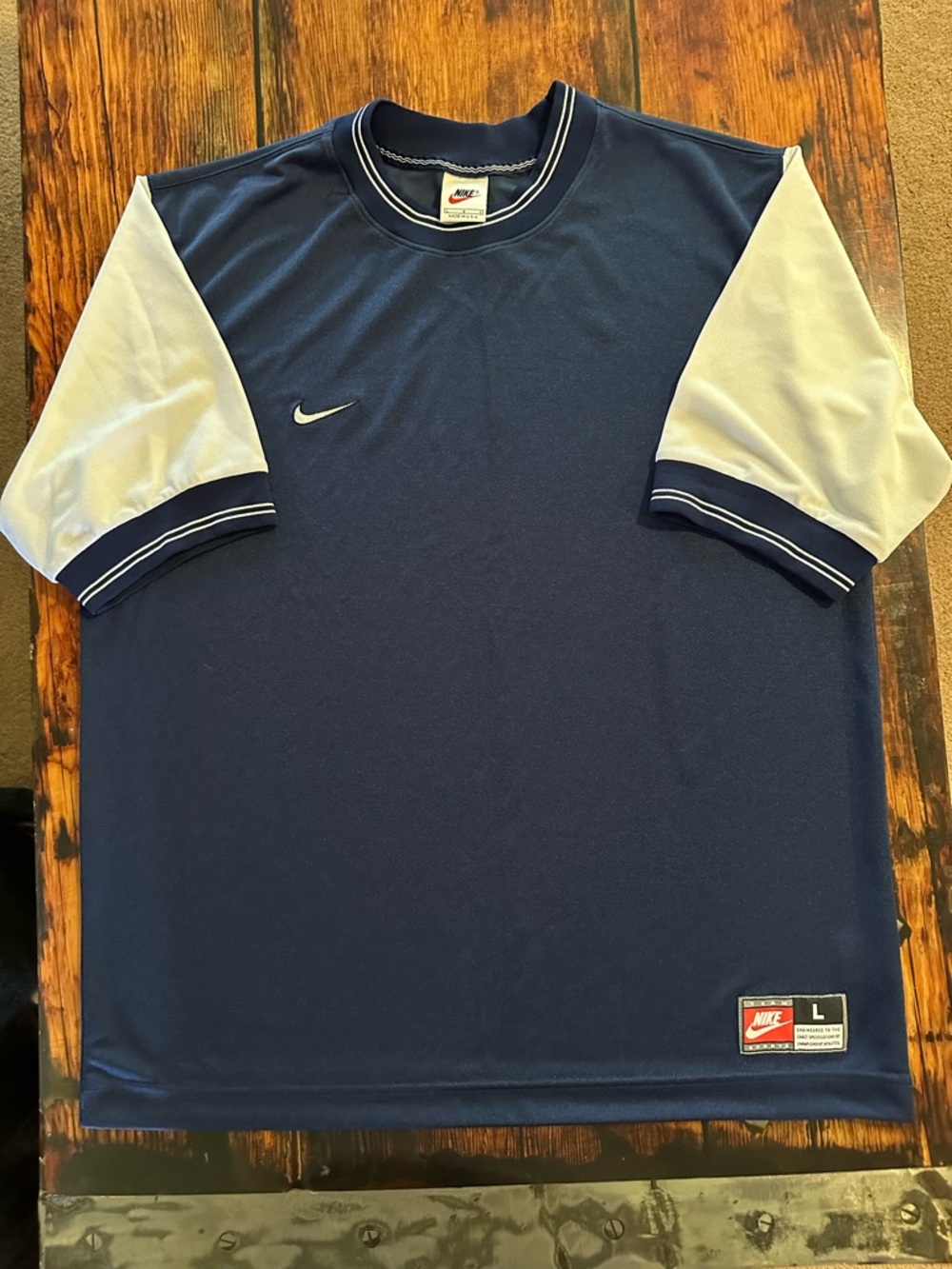 Vintage Nike Men’s Blue and White Short-Sleeve Athletic Soccer Jersey